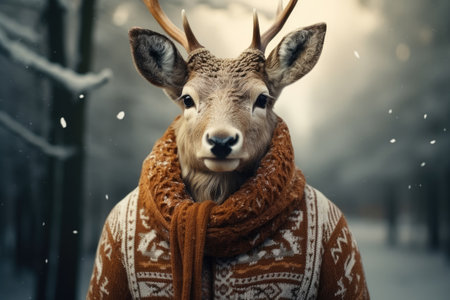 Deer in a warm knitted sweater in the forestの素材