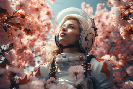 Female astronaut in a space suit with flowersの素材
