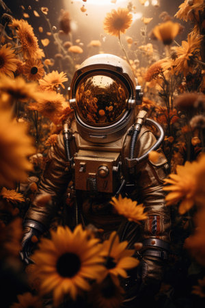 Astronaut in magical flowers on another planetの素材