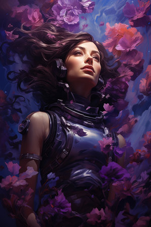 Female astronaut in a futuristic suit wearing violet flowersの素材