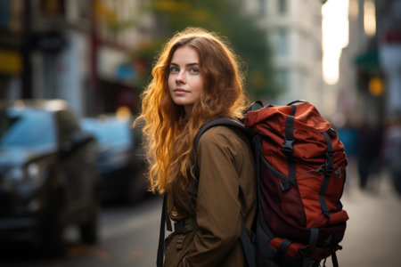 Woman tourist with backpack walking in the cityの素材