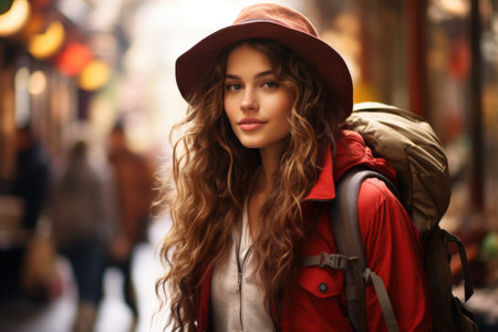 Portrait of a woman traveler hiker tourist with a backpackの素材