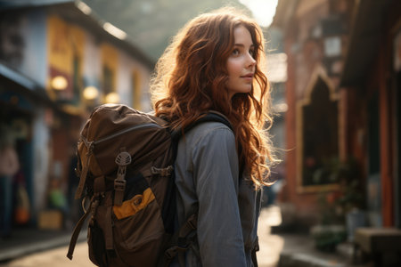 Woman tourist with backpack walking in the cityの素材