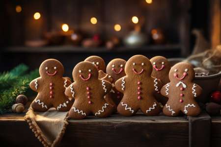 Homemade gingerbread men in holiday dishの素材
