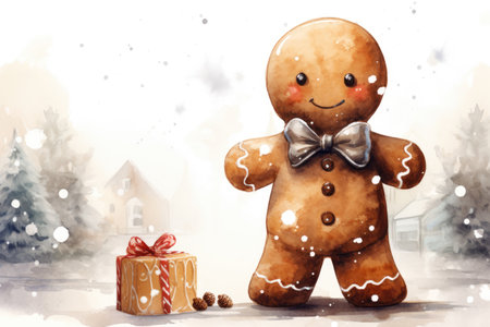 Gingerbread men with a gift in watercolor style. Copy space for textの素材