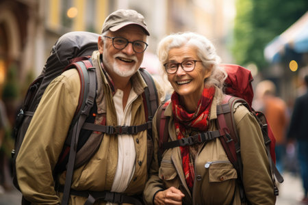 Traveling senior couple tourists with backpacks walking around the cityの素材