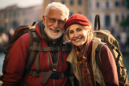 Traveling senior couple tourists with backpacks walking around the cityの素材