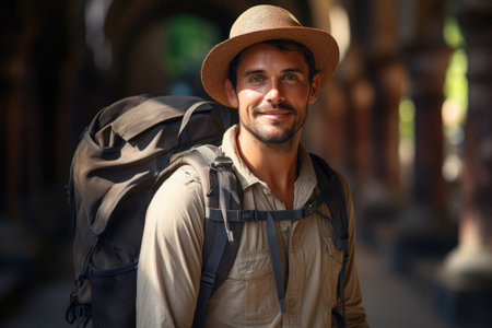 Young male tourist with backpack in the cityの素材
