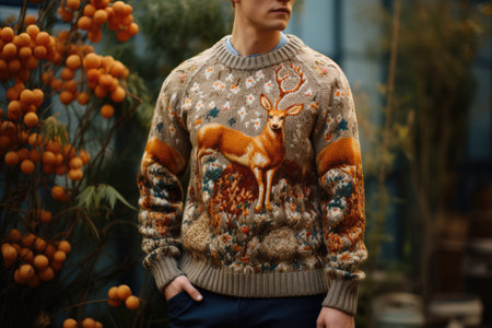 man in a warm knitted sweater with a deer, the concept of New Year, Christmasの素材