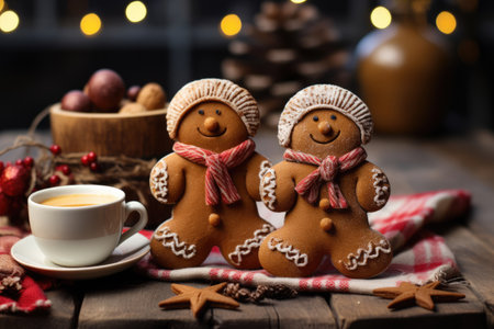 Gingerbread men against the background of a New Year's garlandの素材