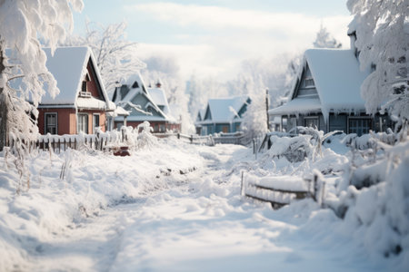 houses in the village after snow in winterの素材