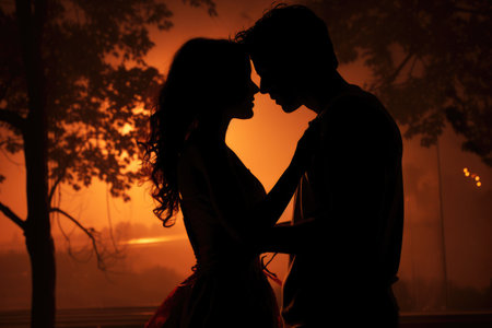 Silhouette of an embracing kissing couple at sunsetの素材