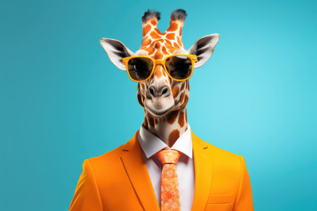 Hipster giraffe in an orange jacket and sunglassesの素材