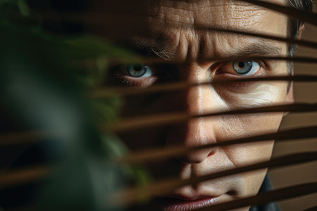 Man looking behind blinds closeupの素材