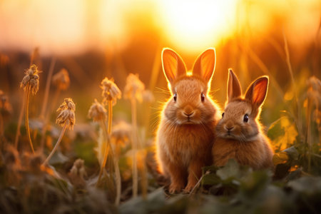 Cute little rabbits on green spring grass at sunsetの素材