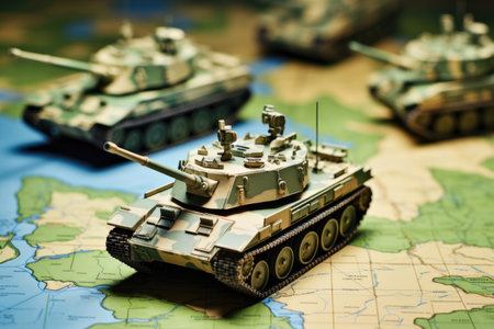Toy tanks on the map, war conceptの素材