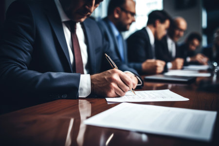 Businessman filling paper document, signing contract on desk in officeの素材