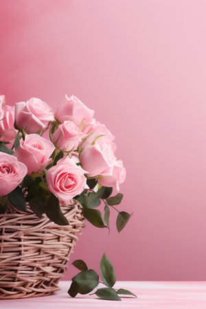 bouquet of pink flowers in wicker basket on a pink backgroundの素材