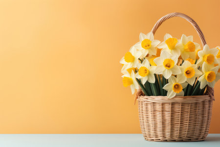 Bouquet of daffodils in a wicker basket. Place for textの素材