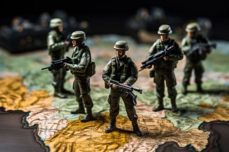 Miniature soldier toys on map, concept of war conflictの素材