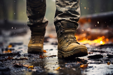 Soldier legs in military camouflage in army bootsの素材