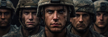 young soldier faces in a row on a dark backgroundの素材