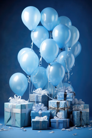 Giftboxes and balloons on a blue backgroundの素材