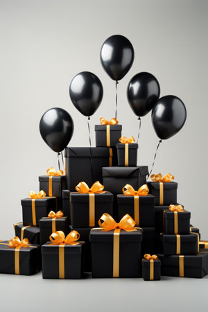 Gifts with black wrapping and black balloonsの素材