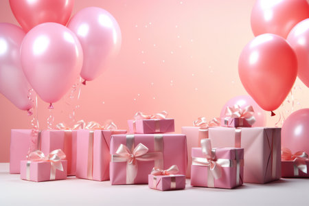 Wrapped gifts and balloons on pink backgroundの素材