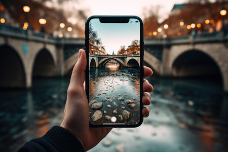 traveler takes a photo of a bridge on the river on his phoneの素材
