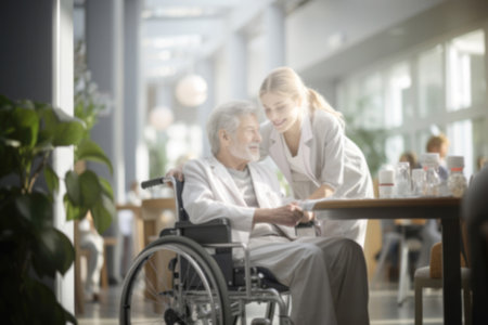 old man in a wheelchair with a nurse in the hospitalの素材