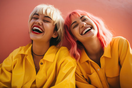 Two girl friends with bright hair are having funの素材