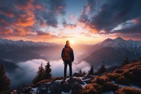 Hiker tourist young man with backpack on top of mountain, concept of success, travelの素材