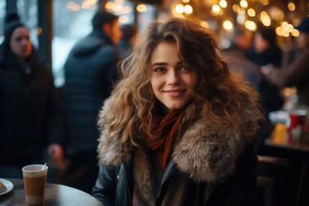 Young beautiful woman drinking coffee or tea on the streetの素材