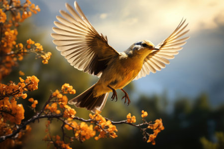 Flying beautiful birds near the forestの素材