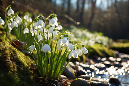 Beautiful flowers snowdrops in spring forestの素材