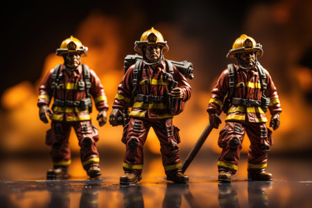 Toy figures of firefighters on a background of fireの素材