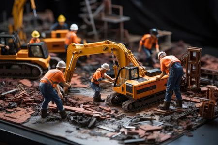 Plastic toy figures of construction workers with construction equipment at a construction siteの素材