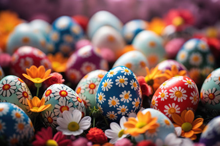 Colored Easter painted eggs and flowersの素材