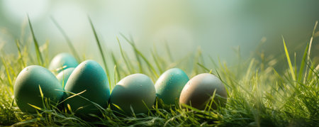 Easter painted eggs in green grass. horizontal bannerの素材