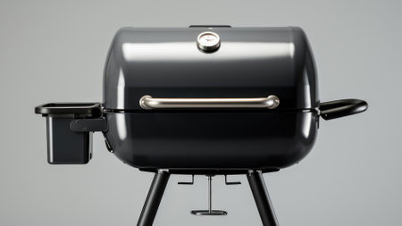 Modern iron BBQ barbecue grill on gray backgroundの素材