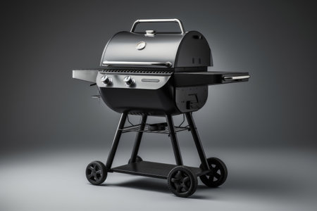 Modern iron BBQ barbecue grill on gray backgroundの素材