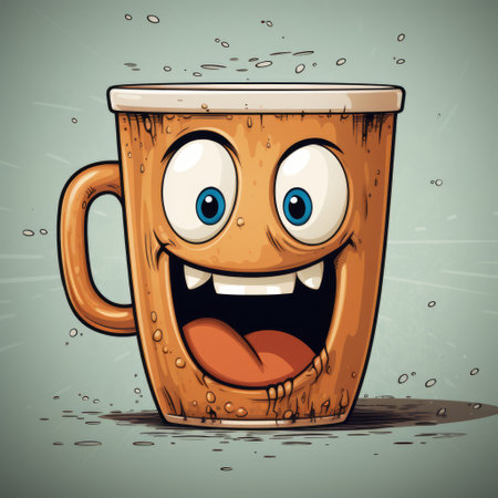 Happy cup with coffee in retro cartoon character styleの素材
