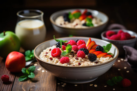 Oatmeal porridge bowl with berries, healthy breakfast conceptの素材