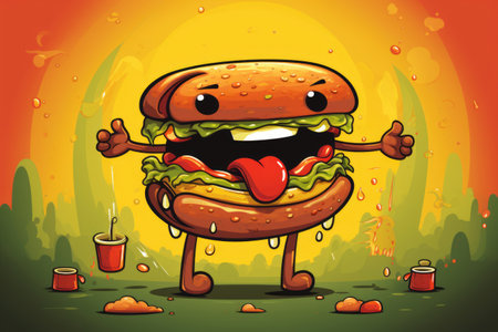 Funny hot dog character in retro cartoon styleの素材