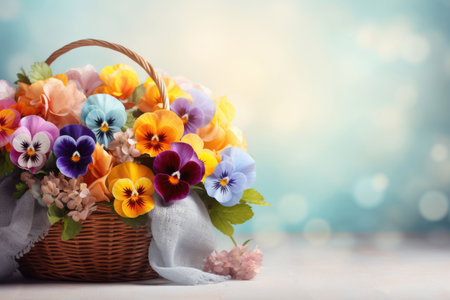 Colored pansies flowers in a wicker basketの素材