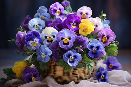 Colored pansies flowers in a wicker basketの素材