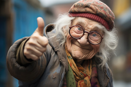Positive old senior woman showing thumbs up like gestureの素材