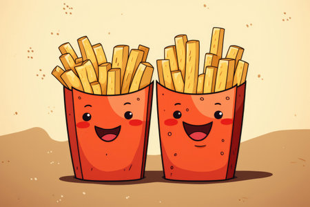 Two positive cheerful bags of French fries in cartoon character styleの素材