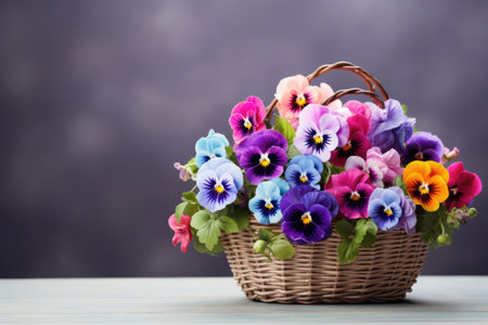Colored pansies flowers in a wicker basketの素材